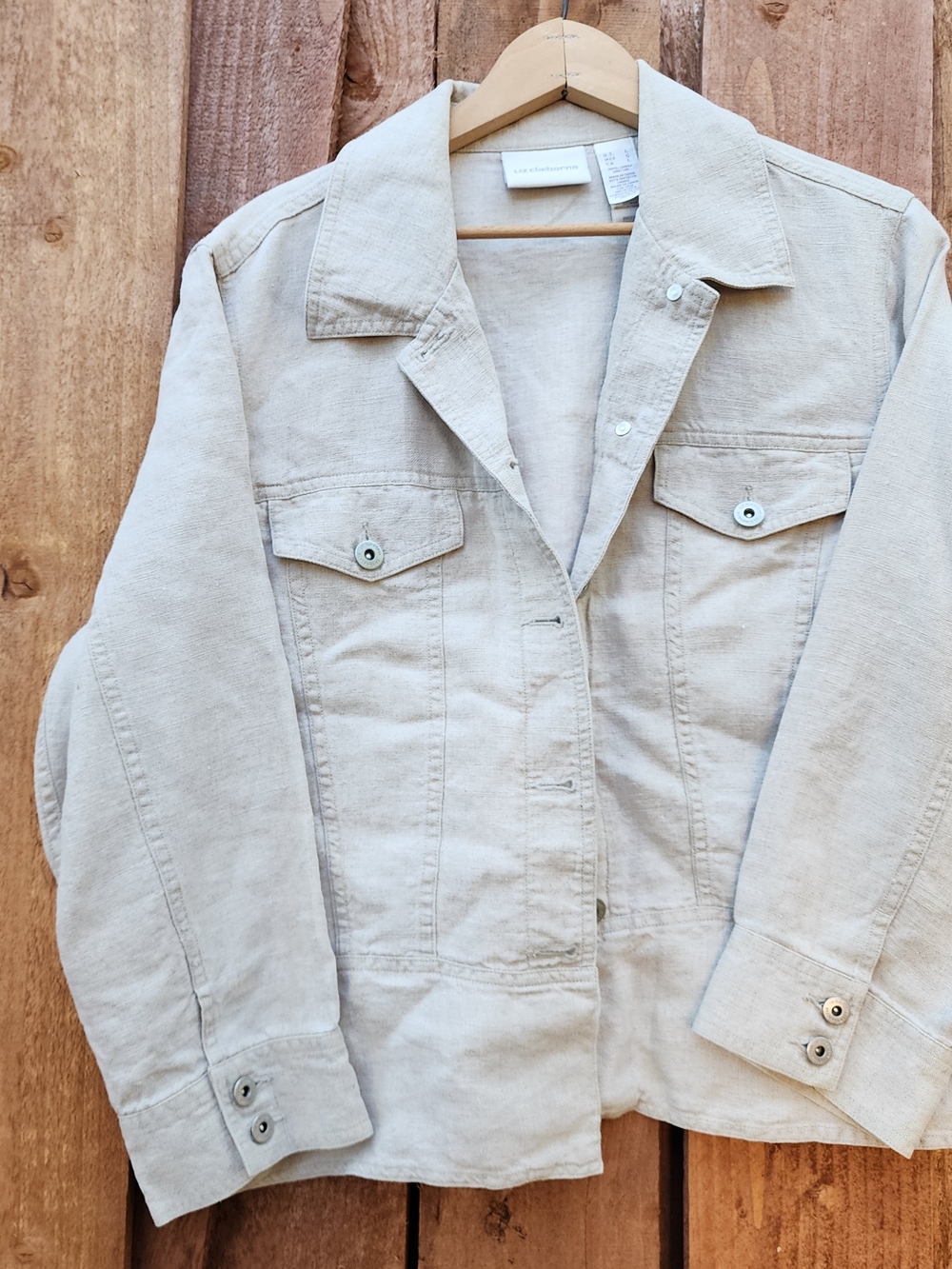 Liz Claiborne 100% Linen Floral Embroidered Trucker Jacket Beige L Cottagecore - Picture 1 of 13